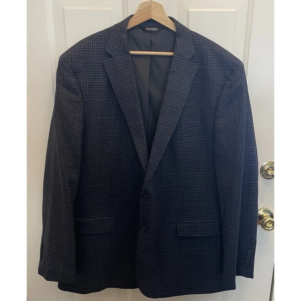 Jos A Bank Traveler Navy Houndstooth Plaid 50L Wool Dual Vent Blazer Sport Coat
